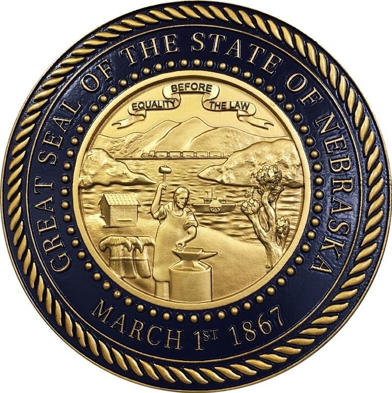 BP-1308- Carved 3-D Bas-Relief Metallic Gold Painted HDU Plaque of the Great Seal of the State of Nebraska