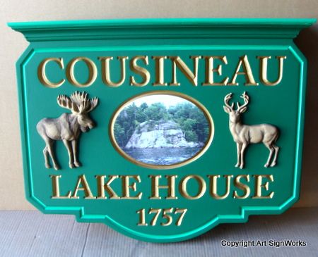 M2081 - Hanging Sign for  Vacation Home on a Lake, with 3D Carved Moose and Deer (Gallery 21)