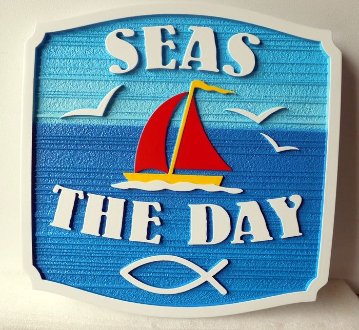 L21320 -  Carved and Sandblasted Coastal Residence "Seas the Day", with Stylized Sailboat 
