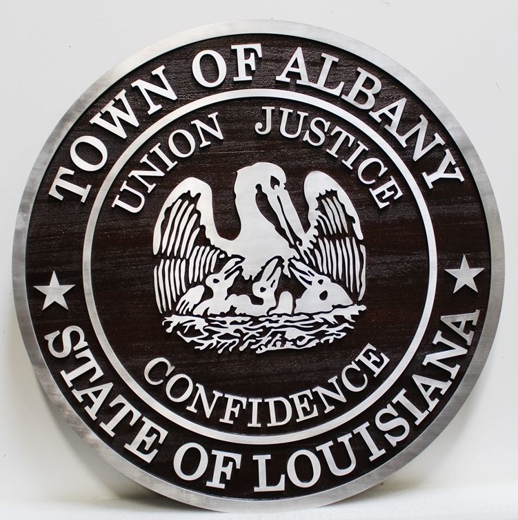 DP-1010 - Carved Wall Plaque of the Seal of the City of Albany, Louisiana, 2.5-D Redwood with Aluminum Cladding. 