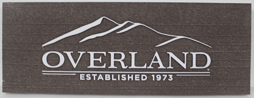 S28133A - Carved and Sandblasted Sign for "Overland" with Mountain Artwork