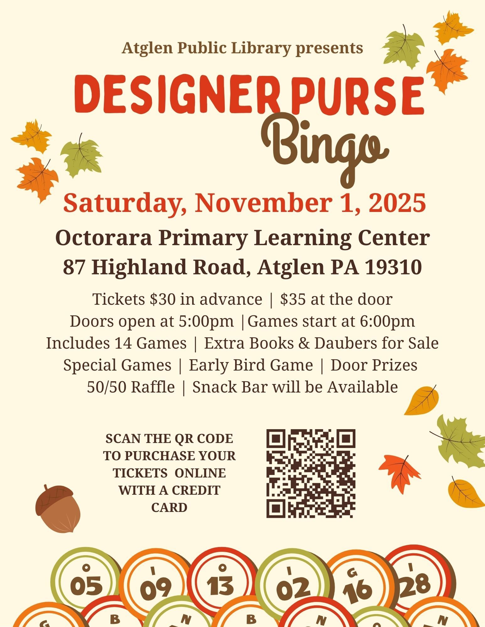 Atglen Public Library's Designer Purse Bingo fundraiser, November 1, 2025