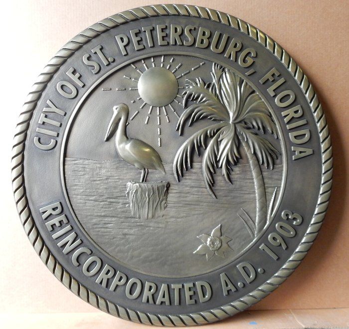 DP-1997 - Carved Plaque of the Seal of the City of St. Petersburg, Florida , Painted Gray