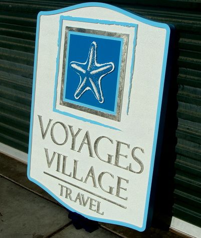 L22263 -Coast Travel Agency Sign, Carved Wood with Silver-Leaf Gilding, and Engraved Starfish