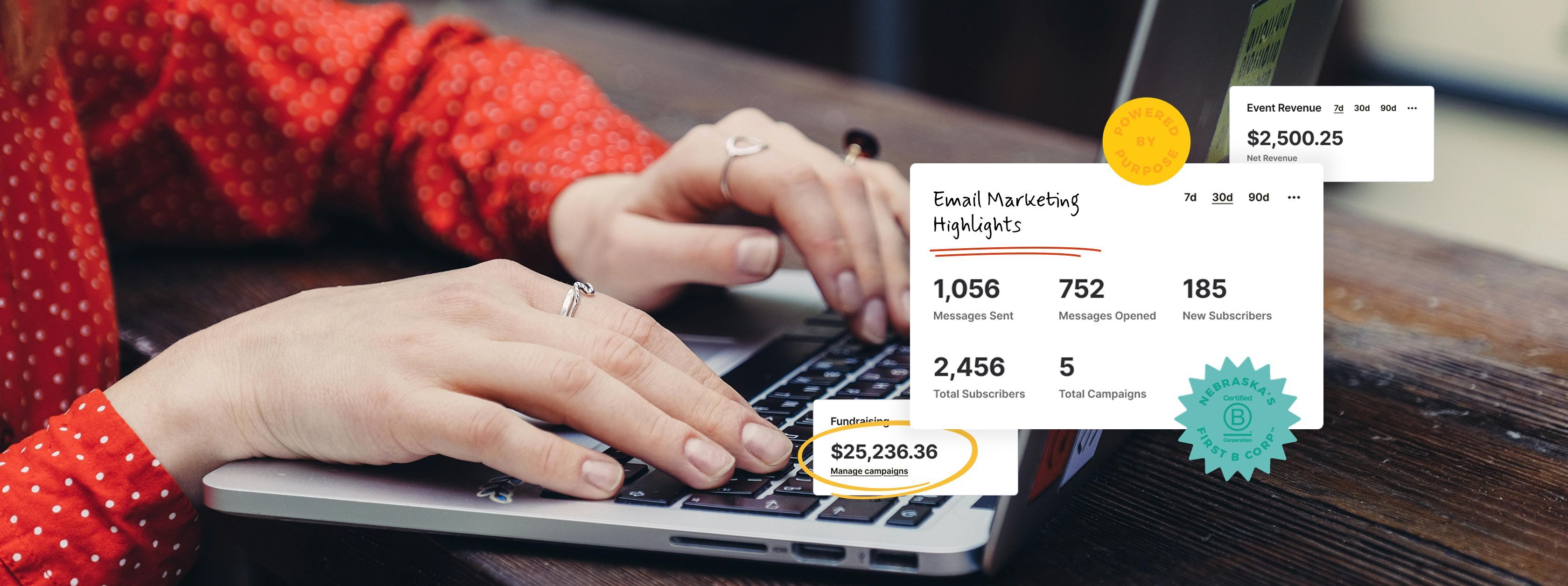 Woman at computer laptop with screenshots of a dashboard interface and colorful badges.