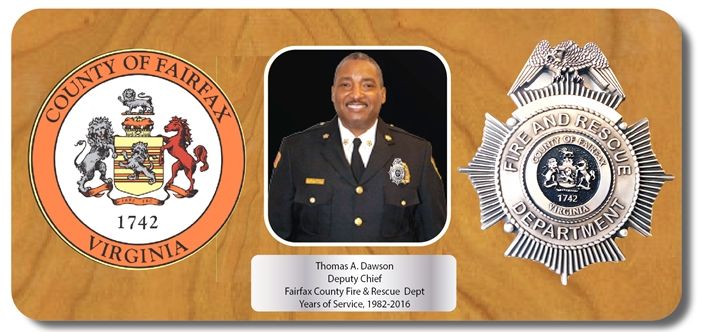 EA-1095 - Mahogany Plaque for a Deputy Chief of the Fairfax County Fire Department , with Photo, County Seal and Department Bsdge