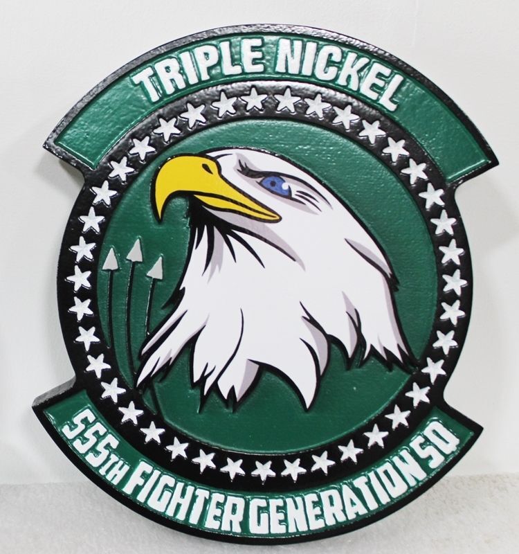 LP-2694 - Carved 2.5-D Raised Relief HDU Plaque of the Crest of the 555th Fighter Generation Squadron. "Triple Nickel"