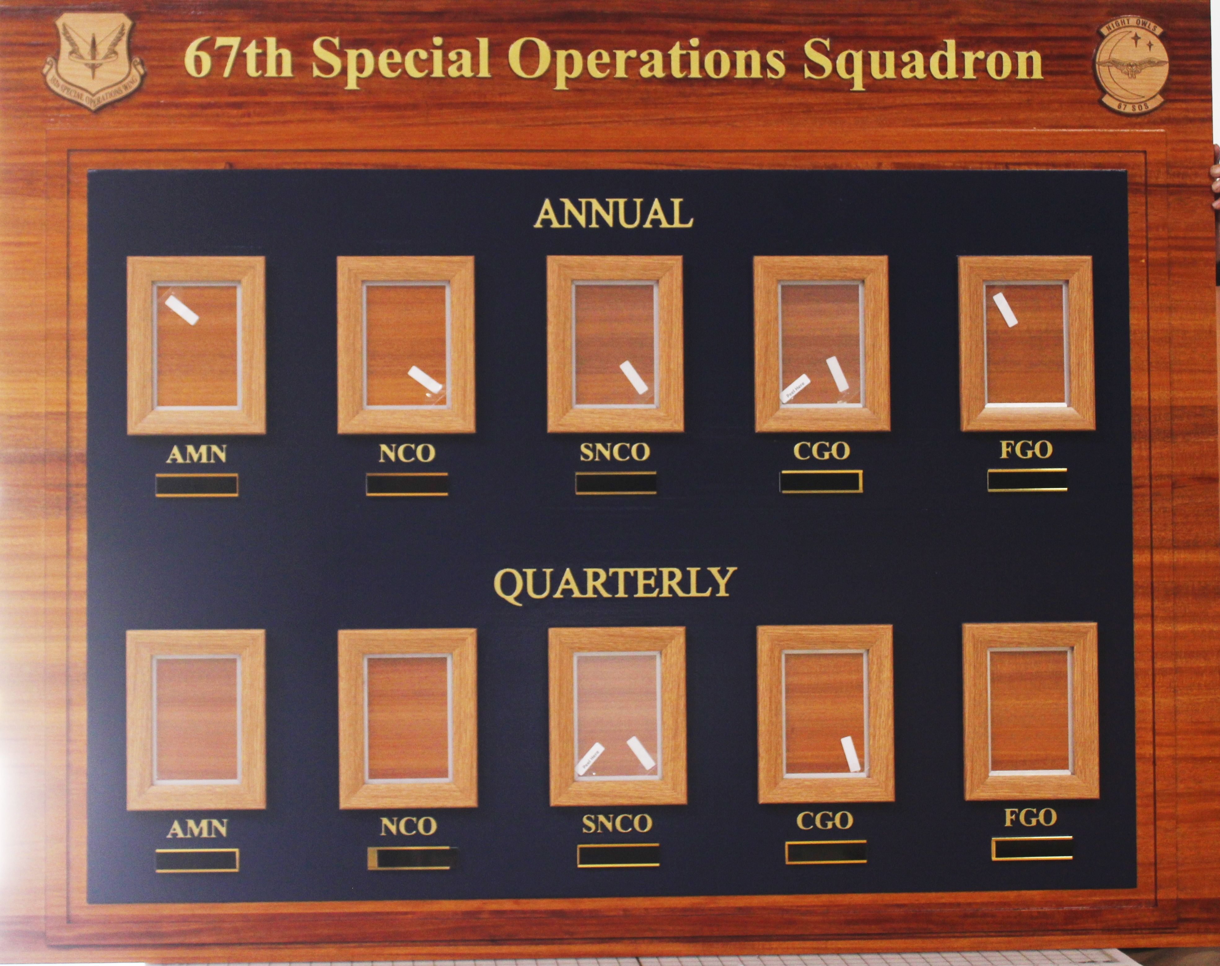 SB1033 - Mahogany and Alder Wood Photo  Board for the Quarter and Annual Awards for Officers and Airmen of the Air Force's 67th Special Forces Squadron