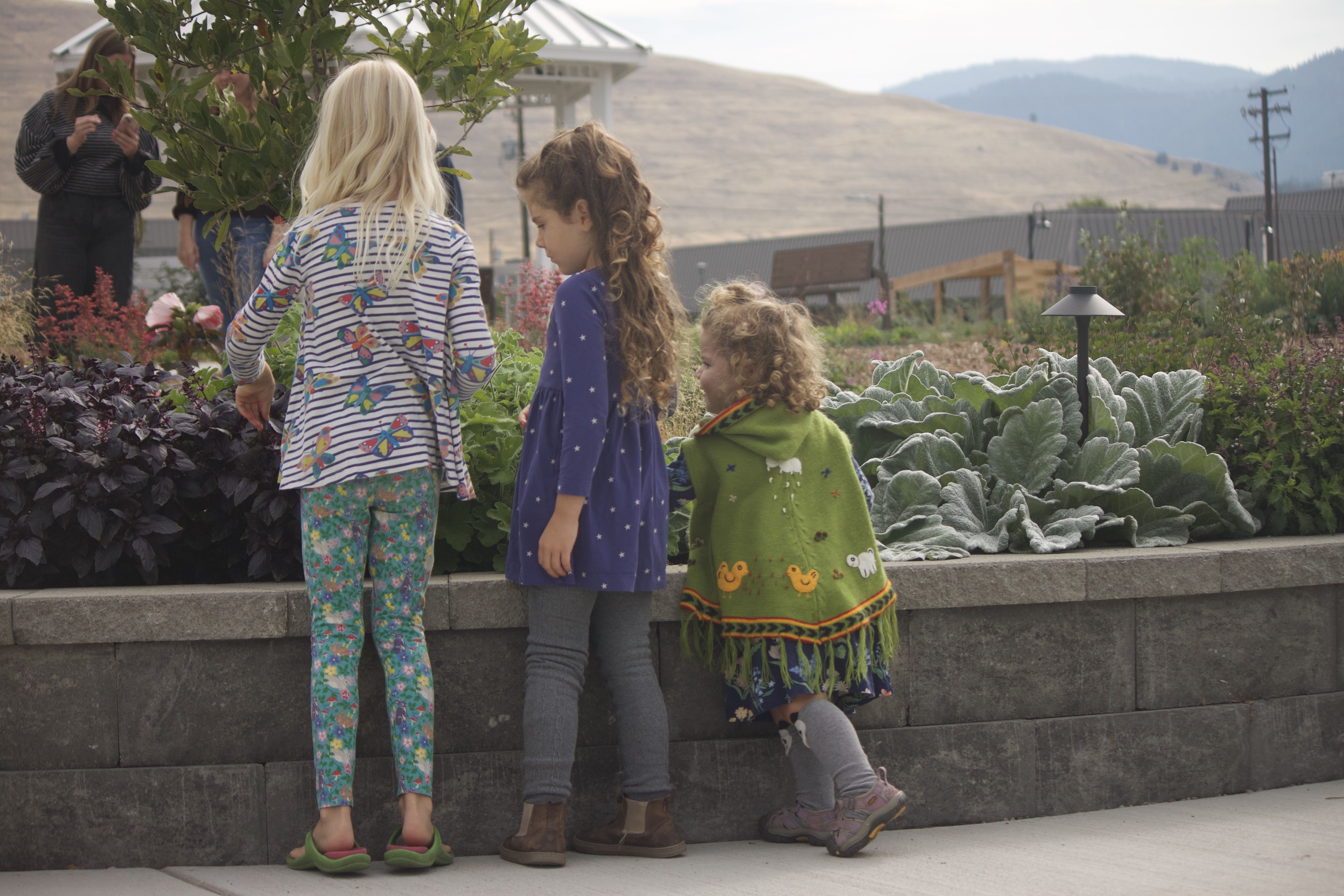 Three children stand next to the sensory garden 