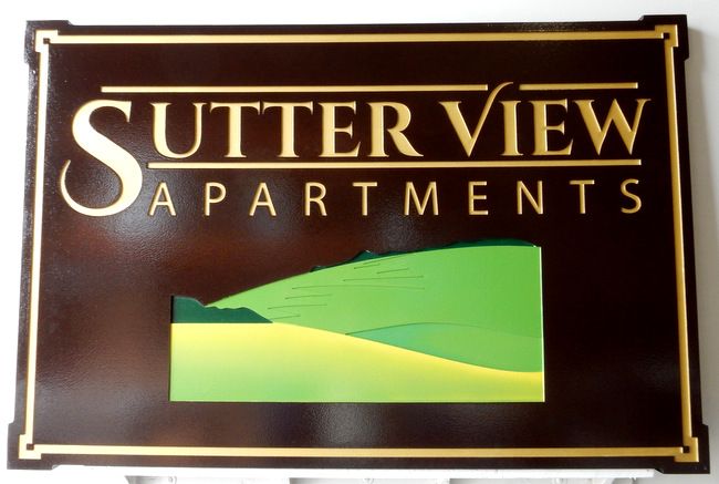 K20165A - Carved Cedar Wood Sign for "Sutter View" Apartments , with 24K Gold Text and  Scene of Meadow and Mountains
