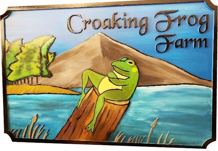 O24619 -  Carved  2.5-D Multi-level HDU Sign for the Croaking Frog Farm, with a Whimsical Frog on a Stump with a Lake and Mountain Background  as Artwork