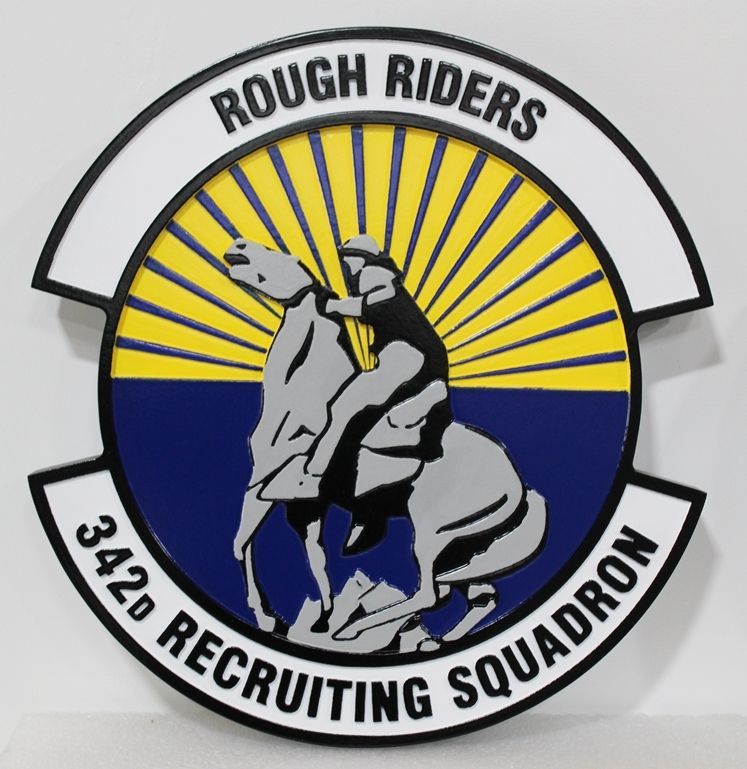LP-8724 -  - Carved 2.5-D Multi-Level Raised Relief HDU Plaque of the  Crest of the 342nd Recruiting Squadron, "Rough Riders"