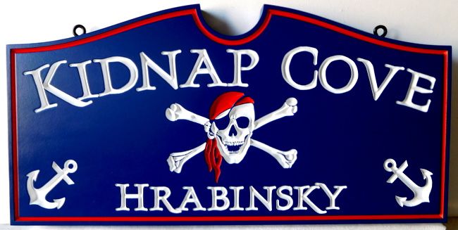 L22546 - Engraved HDU Sign "Kidnap Cove" with Pirate's Skull and Crossbones