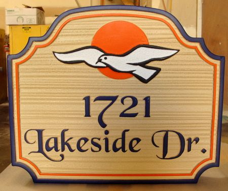 M22726 - Carved, Wood Look HDU Lakeside Vacation Home Sign with Bird (Seagull) in Flight and Setting Sun 