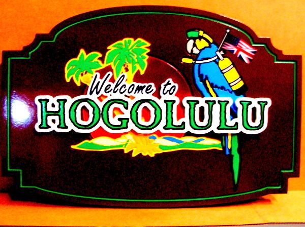 L21918 - Carved Wood Coastal Residence Sign "Hogolulu". with Parrot wearing Scuba Gear 