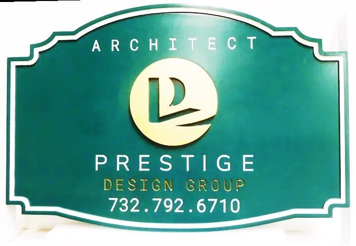 SC38011- Carved HDU Sign for the Prestige Design Group, an Architectural Firm, 2.5-D Multi-Level Relief, Artist-Painted with Logo Artwork