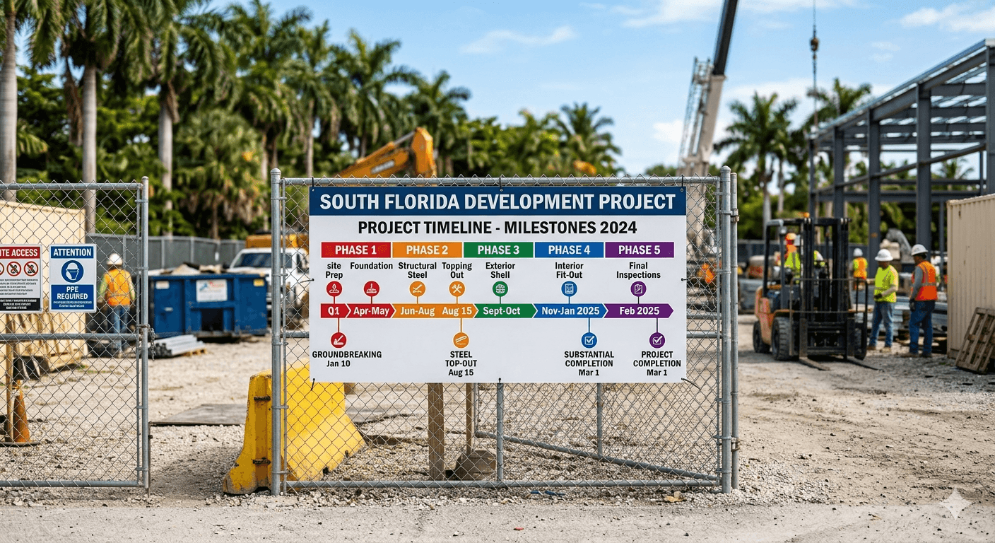 A large custom-printed project timeline sign mounted on a construction site fence in Boca Raton, Florida, showing color-coded project phases and milestone dates.