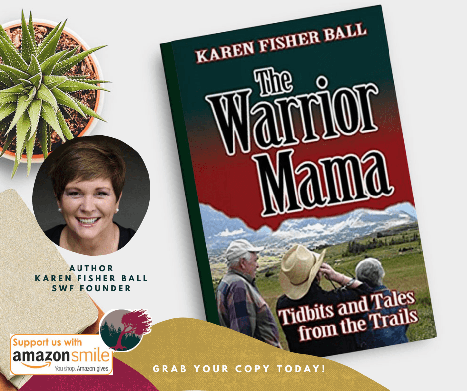 Photo of Karen's book called Mama Warrior. The book is laying on a table with a picture of Karen Ball next to it.