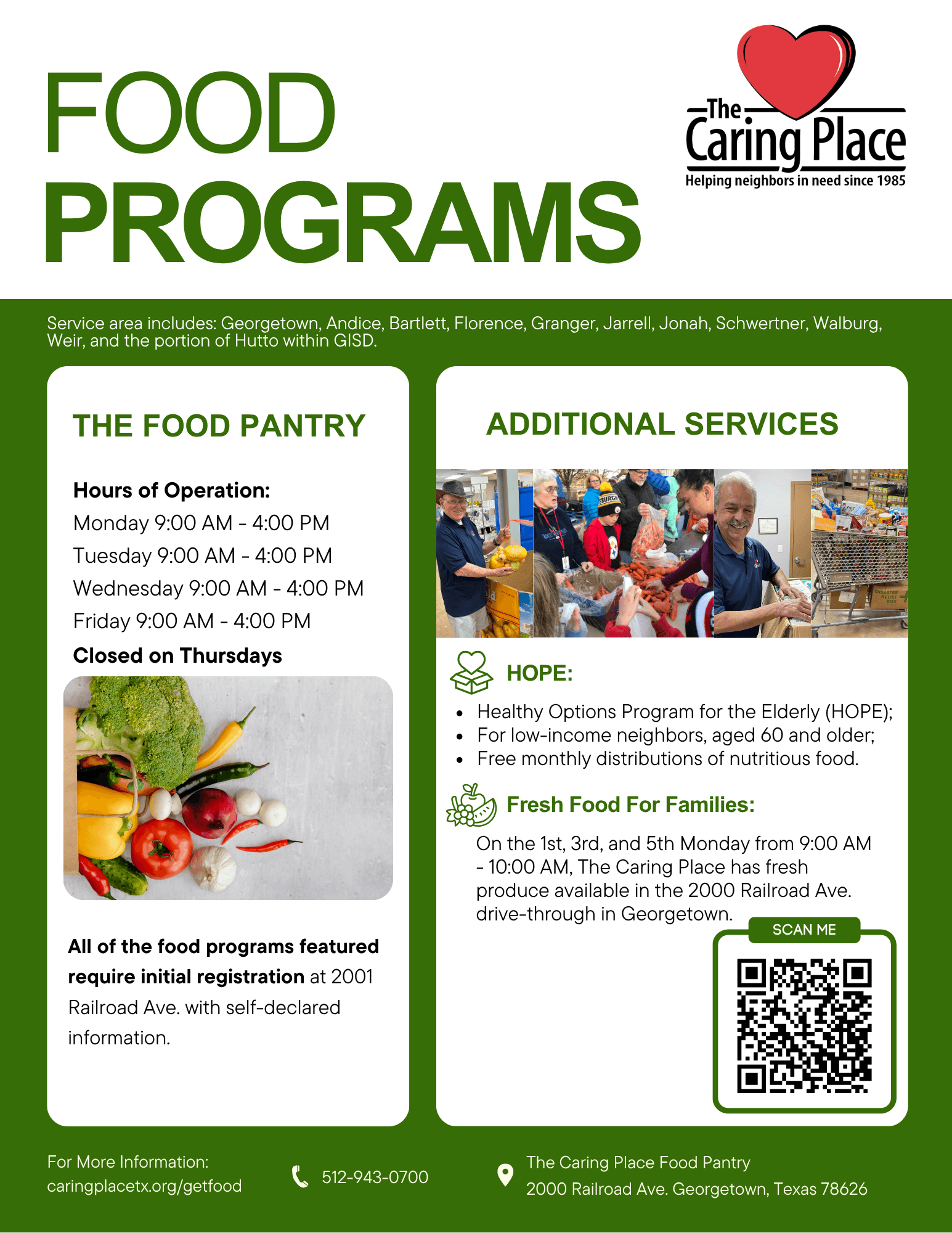 This image provides information about the Food Programs at The Caring Place, including hours of operation. It highlights the Food Pantry, HOPE program, and Fresh Food For Families.