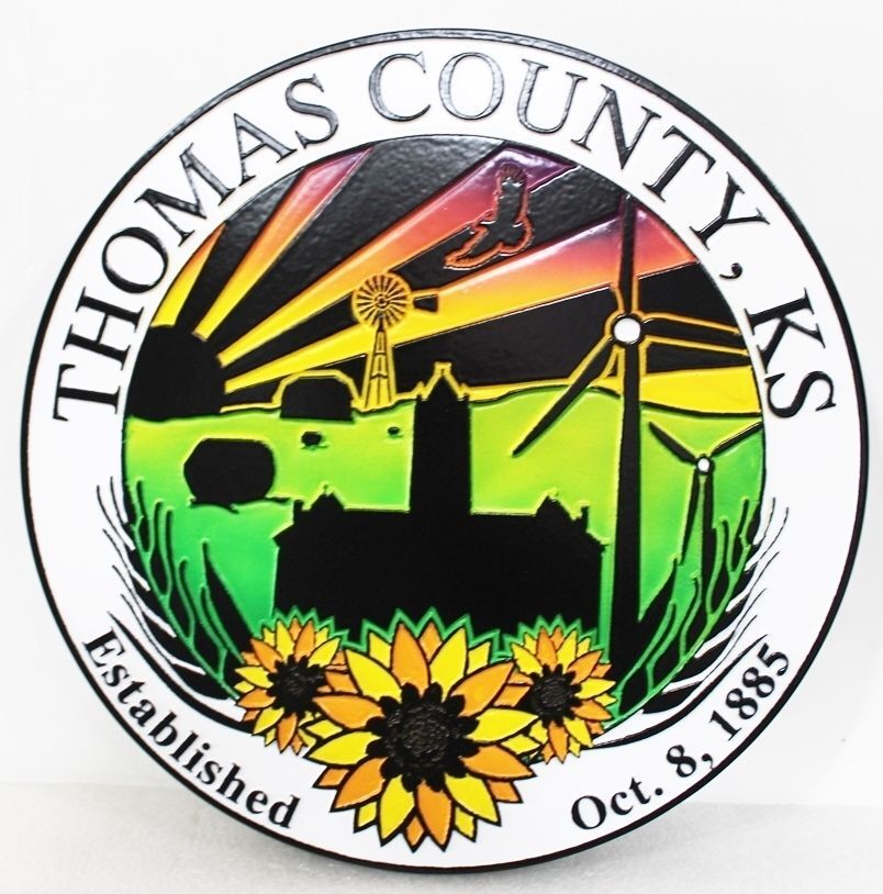 CP-1695 - Carved Plaque of the Seal of  Thomas County, Kansas, Artist-Painted