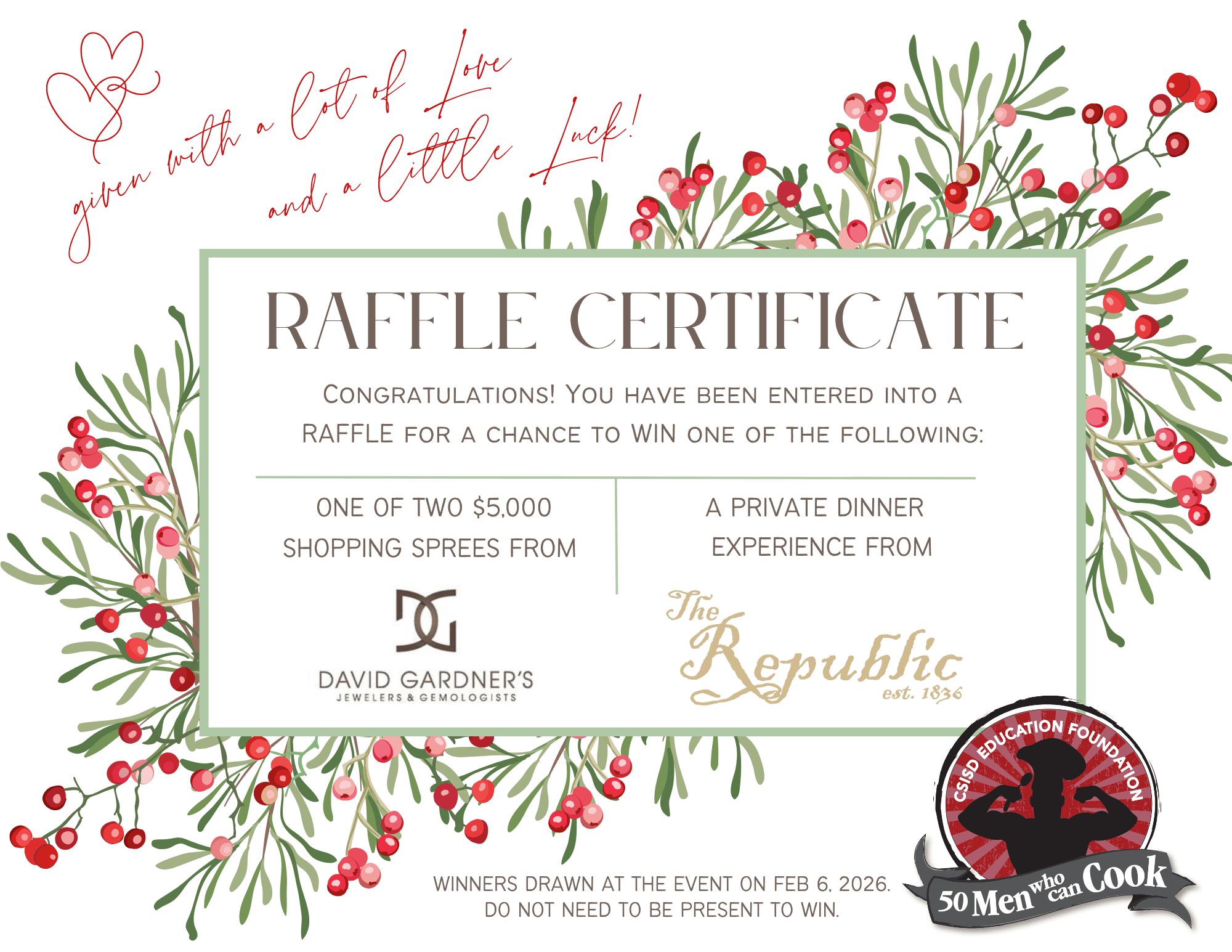 David Gardner's Jewelers raffle certificate