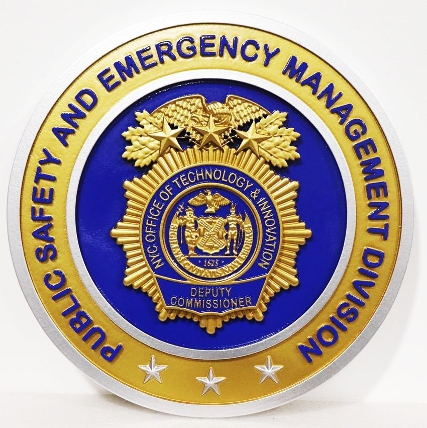 PP-1529A- Carved 3-D Bas-Relief Plaque of the Badge of the Deputy Commissioner of New York City Office of Technology and Innovation, Public Safety and Emergency Management