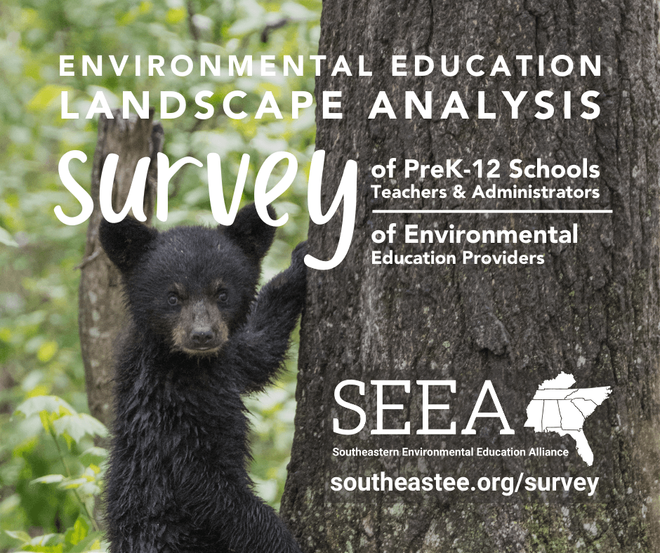 Small black bear cub climbing up a tree trunk with the sponsors of the landscape analysis listed.