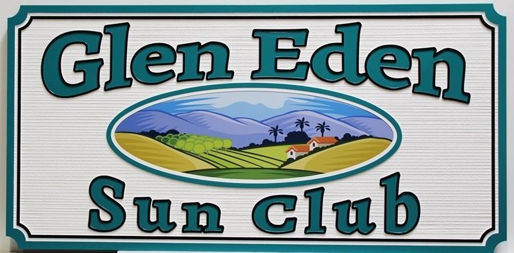T29170 - Carved 2.5-D Multi-Level Raised Relief and Sandblasted Wood Grain HDU Sign for the Glen Eden Sun Club, with a Farm and Mountain  Scene  as Artwork
