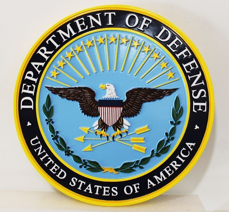 IP-1036 - Carved  2.5-D Multi-level Raised Relief HDU Plaque of the Seal  of the Department of Defense  