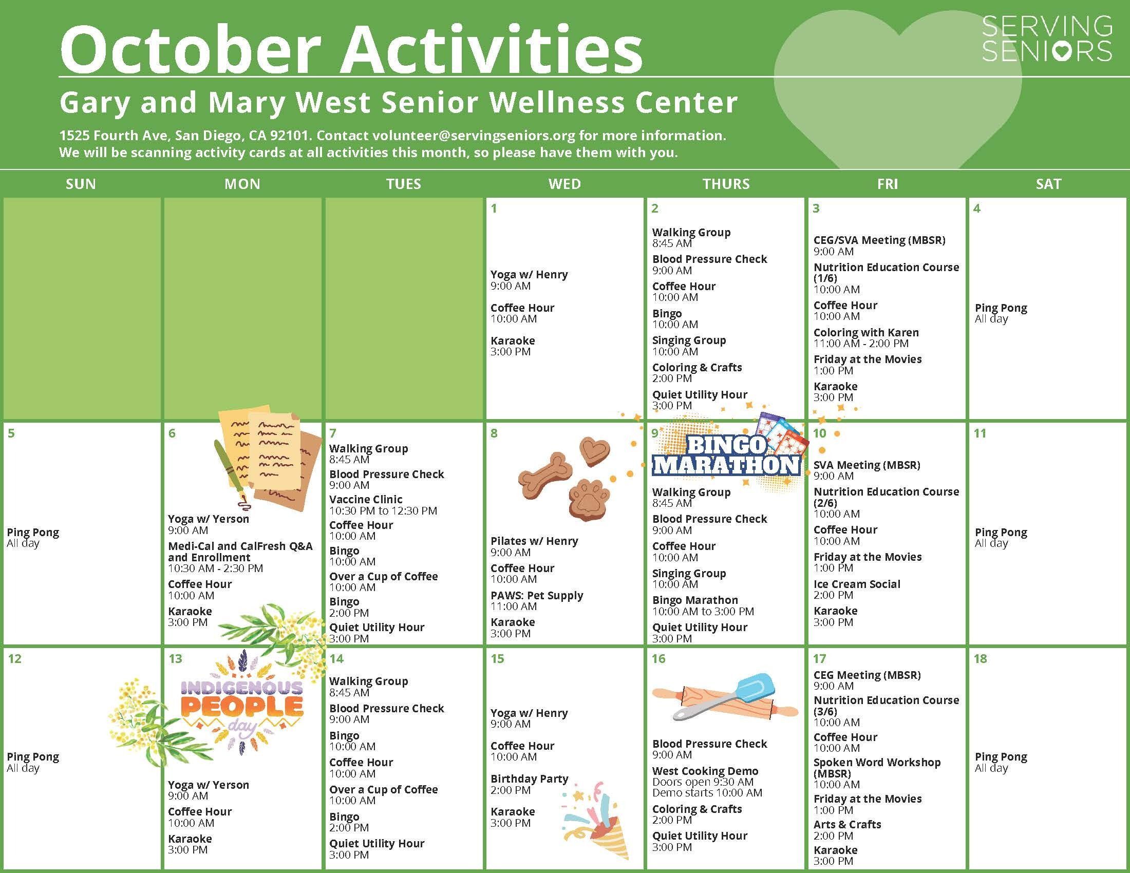 Click to download the Gary and Mary West Senior Wellness Center October Activities Calendar