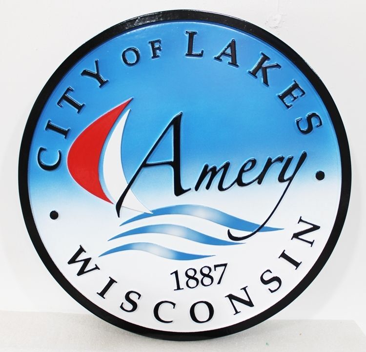 DP-1107 - Carved 2.5-D Raised Relief HDU Plaque of the Seal of the City of Avery, Wisconsin, the City of Lakes