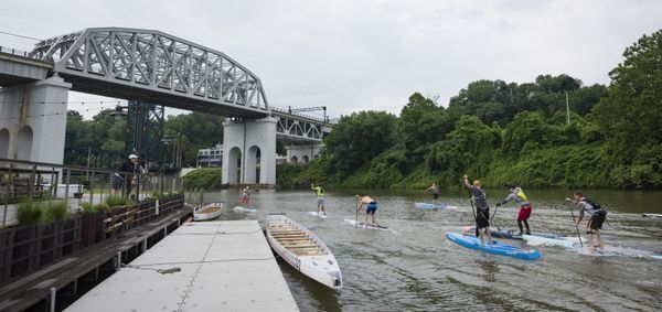Paddle-boarders on the river.