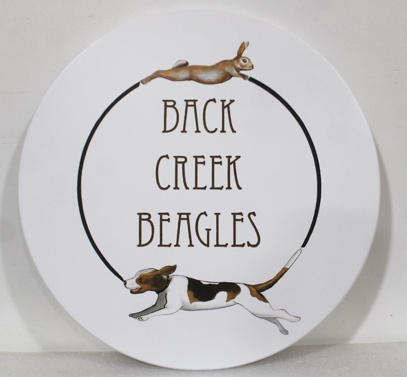 O24515A - Carved  HDU Sign  for Back Creek Beagles ,   featuring a Beagle Dog Chasing a Rabbit as Artwork 