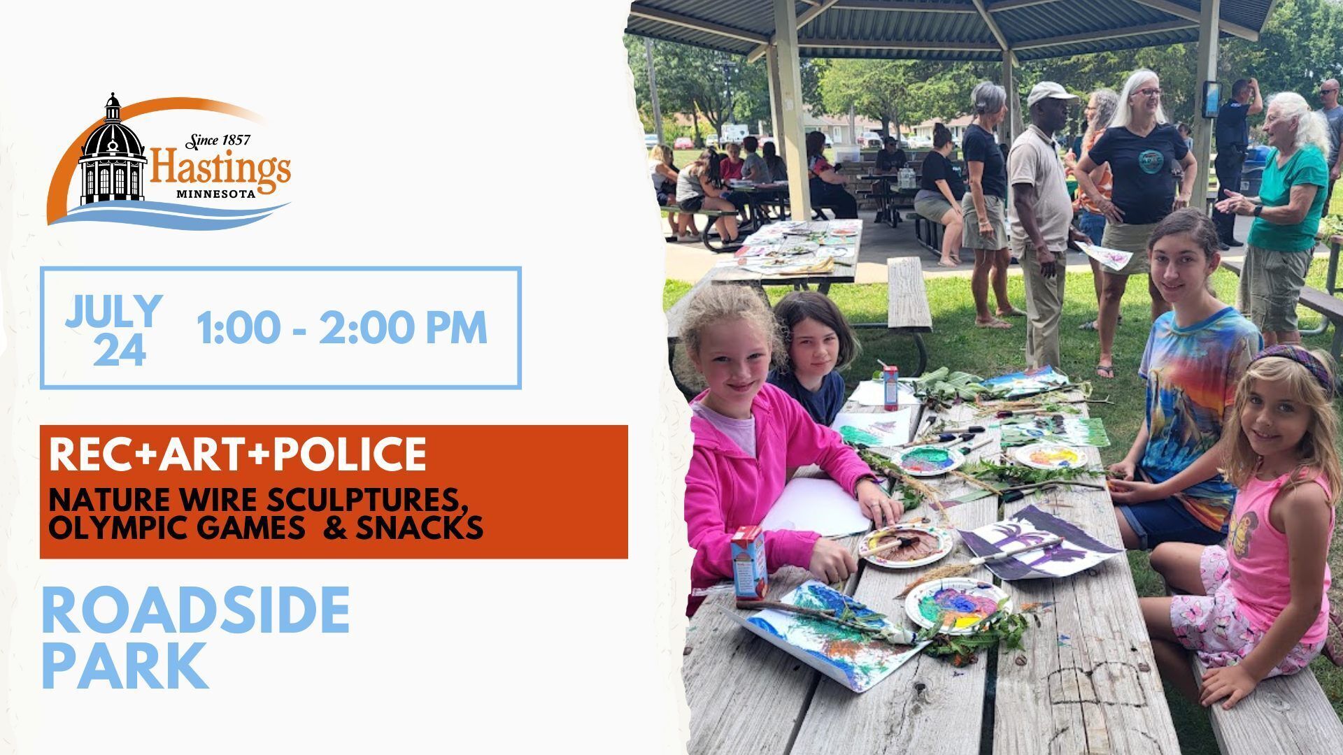 Kids sitting under park pavilion at tables working on art with kids playing games on lawn in background, activities finger print animals, obstacle course, snacks, City of Hastings logo and date July 10, 1 to 2 pm, Pioneer Park