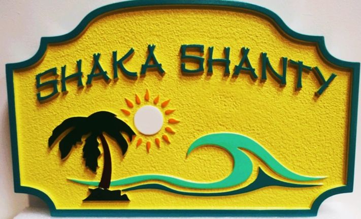 L21178 - Carved and Sandblasted HDU Beach House Name Sign "Shaka Shanty", 2.5-D Artist-Painted with Stylized Surf,  Palm Tree and Setting Sun 