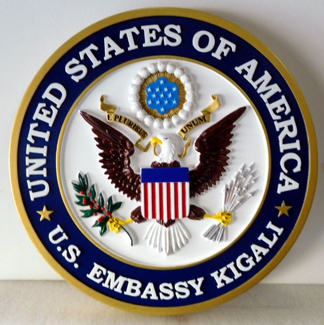 AP-3760 - Carved Plaque of the Seal of  Seal of the US Embassy in Kigali, Department of State, Artist-Painted