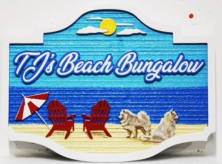 L21034 - Carved and Sandblasted 2.5-D Multi-level Relief  Beach House Name Sign "T J's Beach Bungalow", with Two Chairs and Two Dogs on the Beach as Artwork