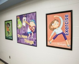 School signs in elementary school showing healthy kid activities, posters for school café, school signs