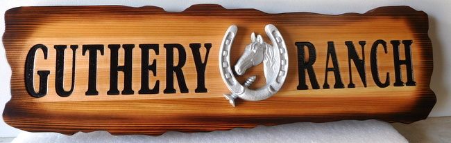 O24272 - Antique-Look Wooden Sign for Ranch with Logo of Horseshoe and Horse