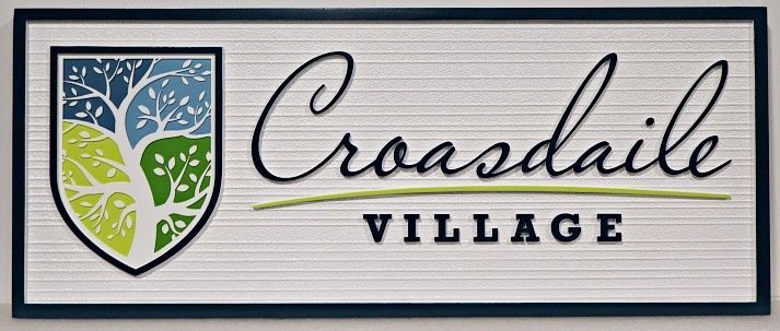 F15241 - Carved Sign for "Croasdaile Village" with Tree Artwork
