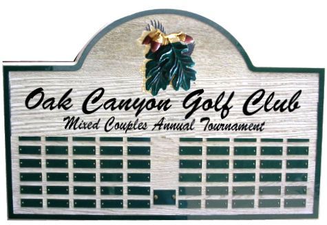 SB1280 - Oak Canyon Golf Club Perpetual  Plaque with Names of  Winners of the  Mixed Couples Annual Tournament, with  Carved 3-D Bas Relief  Club Logo, Oak Leaves