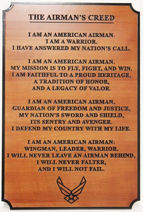 LP-9266 - Carved Plaque of The Airman's Creed, Engraved Mahogany Wood
