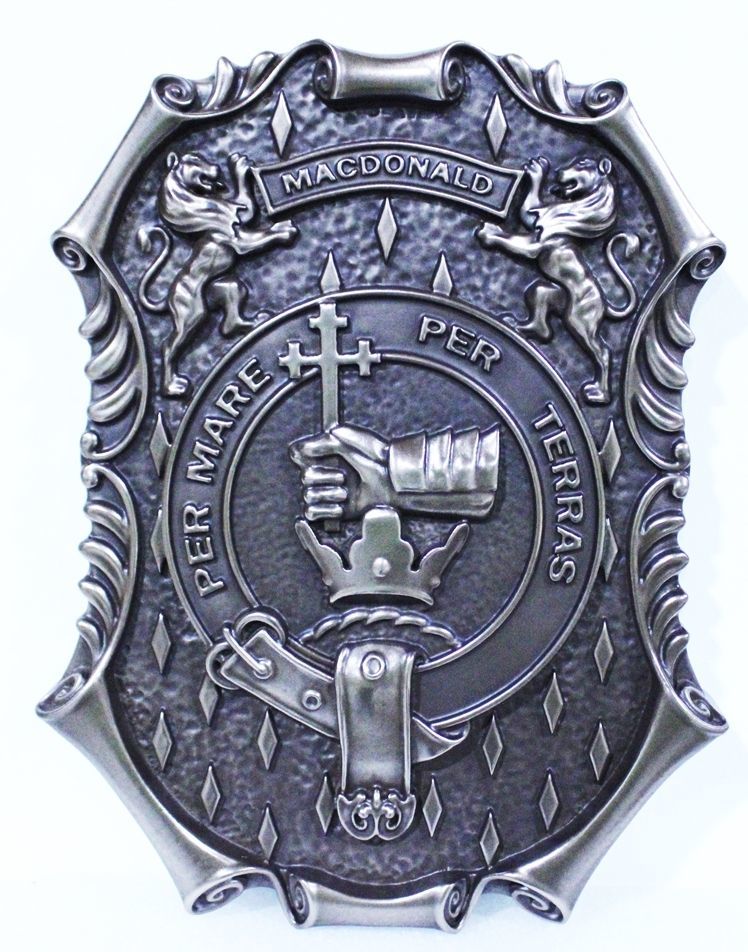 XP-1022 - Carved 3-D Aluminum-Plated 3-D Plaque of the Coat-of-Arms for the McDonald Family with Cross and Crown 