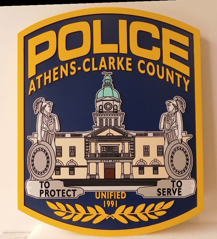 PP-2140 - Carved  Wall Plaque of the Shoulder Patch of the Athens-Clark County Police,  Georgia., Artist Painted
