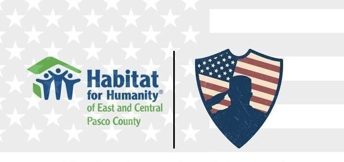 Flyer from Habitat for Humanity of East and Central Pasco County calling for local veterans in need of critical roof repairs, featuring the Habitat logo, a silhouette of a saluting soldier in a patriotic shield, and contact information for the Development