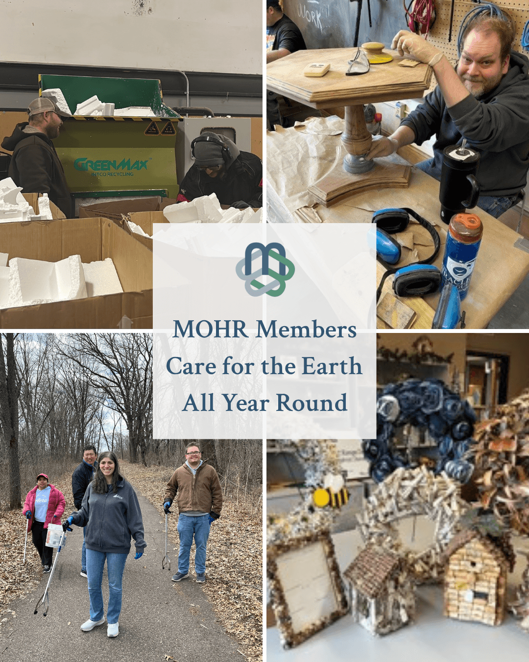 (top left)The Advance team operates the Styrofoam condenser (top right) Donated furniture is given a new life in the ERDAC Woodshop (bottom left) Achieve Services crew clean up litter at Laddy Lake (bottom right)Upcycled items available at ERDAC gift shop