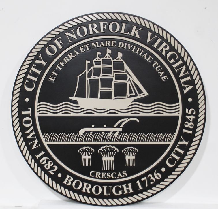 DP-1776 - Carved 2.5-D Multi-level HDU Plaque of the Seal of the City of  Norfolk, Virginia, Artist Painted