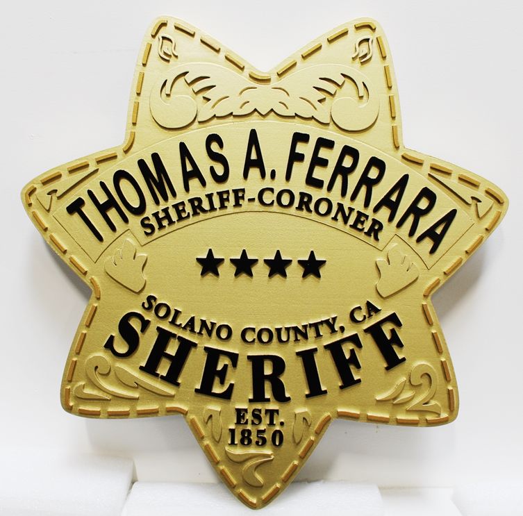 PP-1802 - Carved Plaque of the Star Badge of the Sheriff-Coroner Office, Solano County, California, 2.5-D Artist-Painted