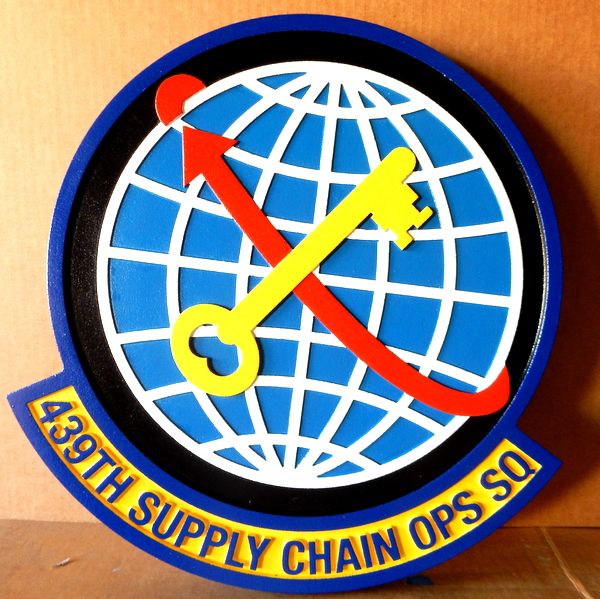 LP-7164 - Carved Round Plaque of the Crest of the Air Force 439th Supply Chain Operations Squadron,   Artist Painted