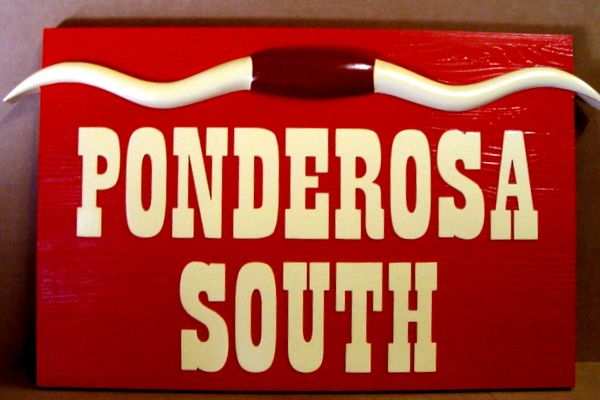 O24134 - Carved Cedar Wood Ranch Sign "Ponderosa South" with 3-D Carved Longhorns 